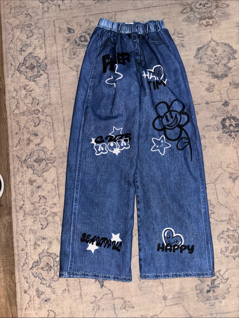 SHEIN Blue Kids Wide-Leg Denim Pants with Graphic Prints